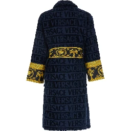 Baroque Blue Bathrobe with All-Over Logo Print in Cotton Home