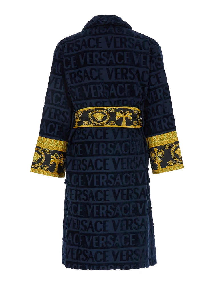 Baroque Blue Bathrobe with All-Over Logo Print in Cotton Home alternative