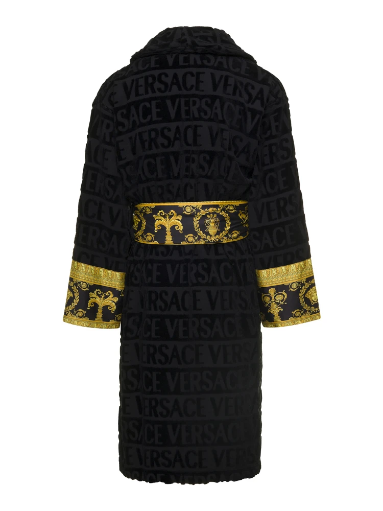 Black Bathrobe with Baroque Pattern in Terry Cotton Versace Home