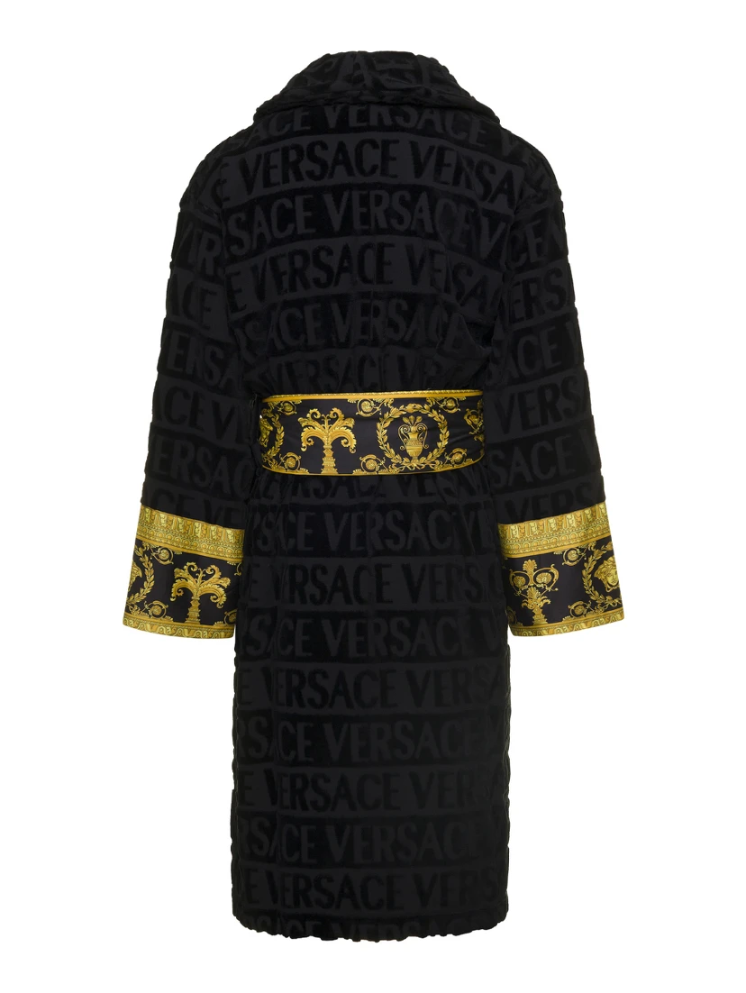 Black Bathrobe with Baroque Pattern in Terry Cotton Versace Home