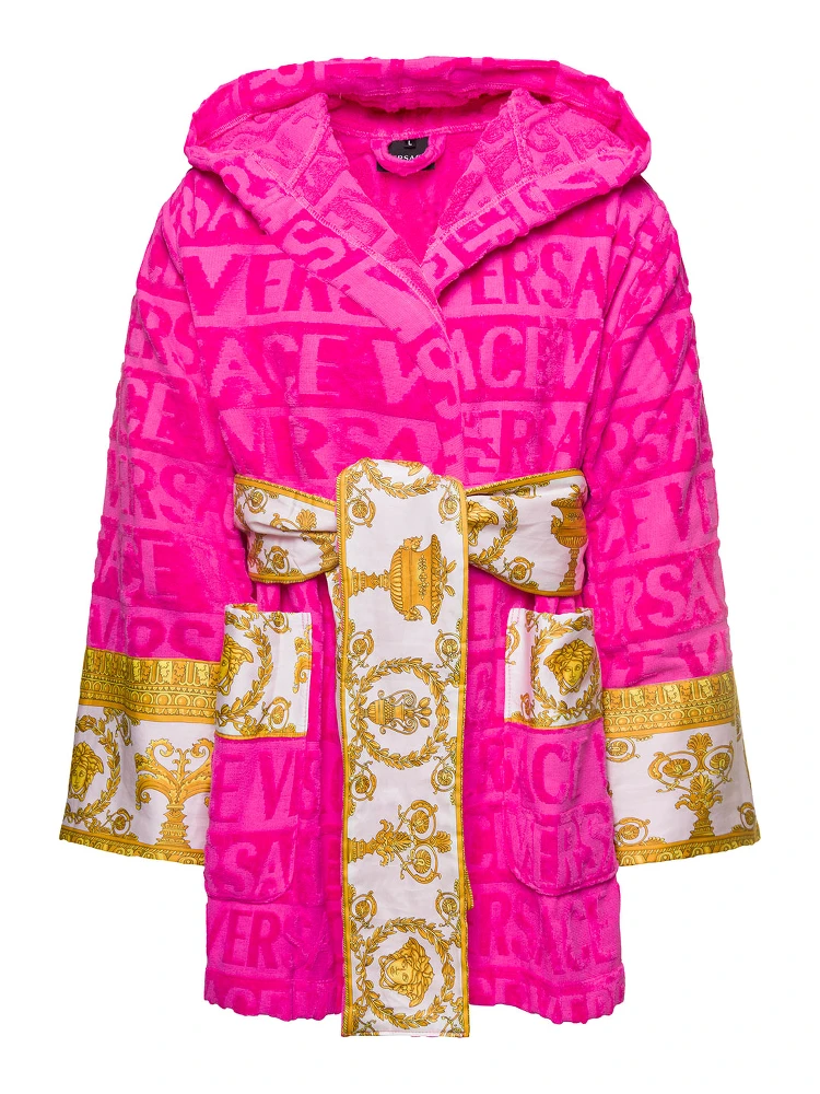 Accappatoio CORTO con Motivo Barocco in Spugna di Cotone Nero Versace Home