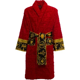Versace Homes Red Terry Cotton Bathrobe with Baroque Detail