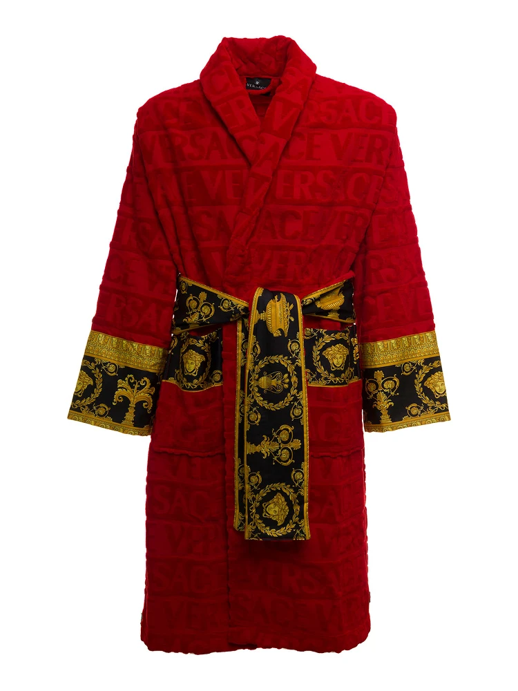 Versace Homes Red Terry Cotton Bathrobe with Baroque Detail