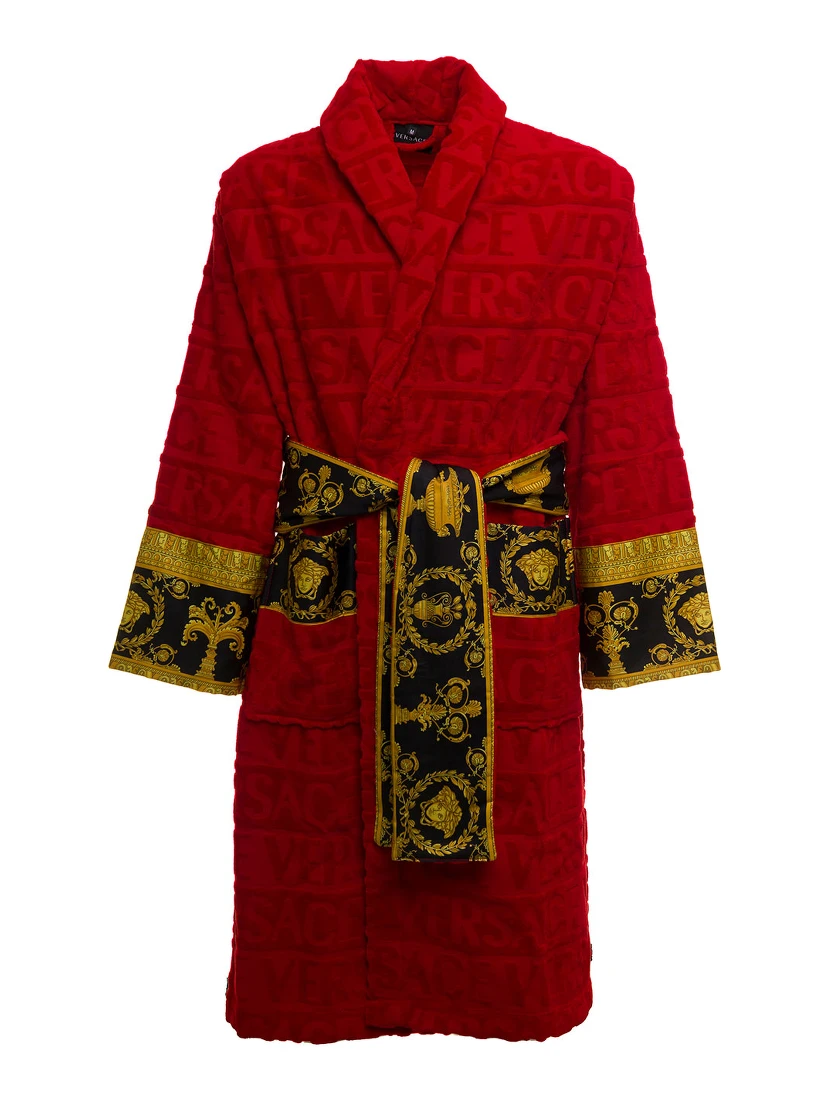 Versace Homes Red Terry Cotton Bathrobe with Baroque Detail