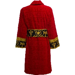 Versace Homes Red Terry Cotton Bathrobe with Baroque Detail