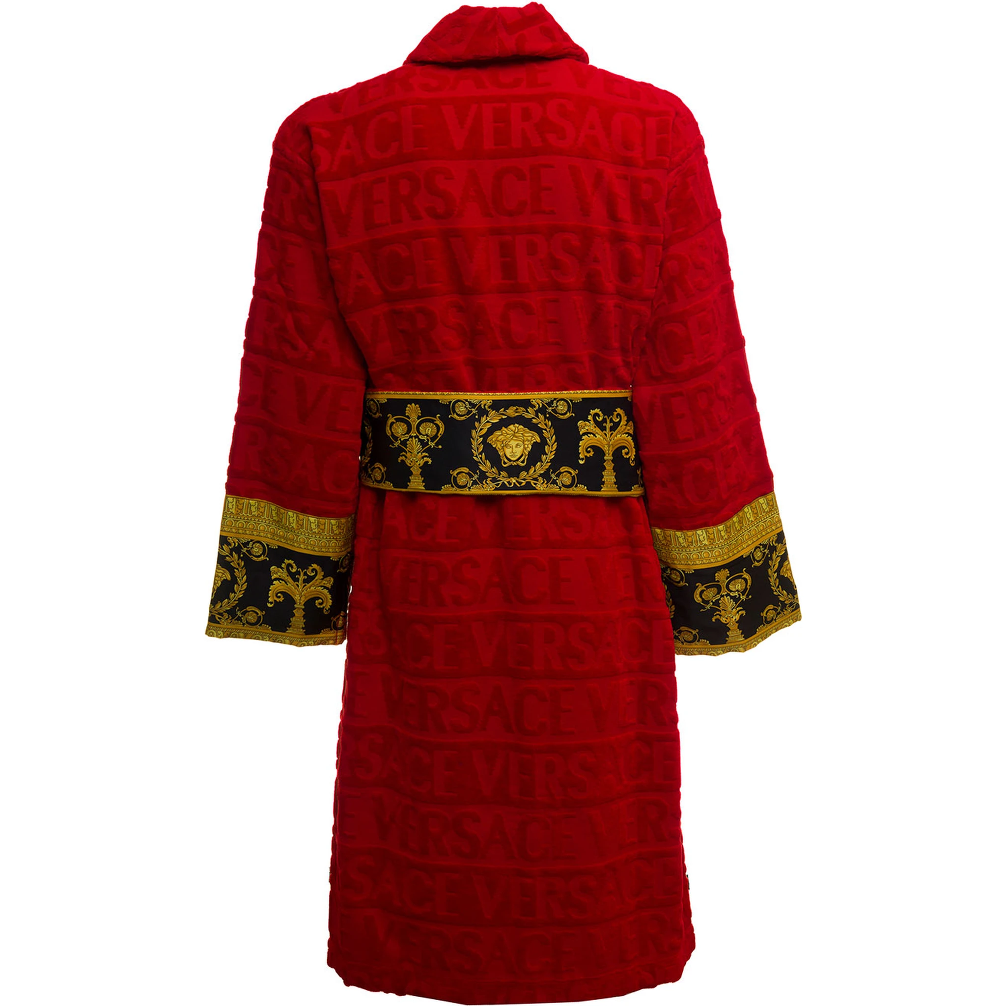 Versace Homes Red Terry Cotton Bathrobe with Baroque Detail