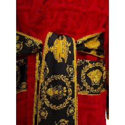 Versace Homes Red Terry Cotton Bathrobe with Baroque Detail