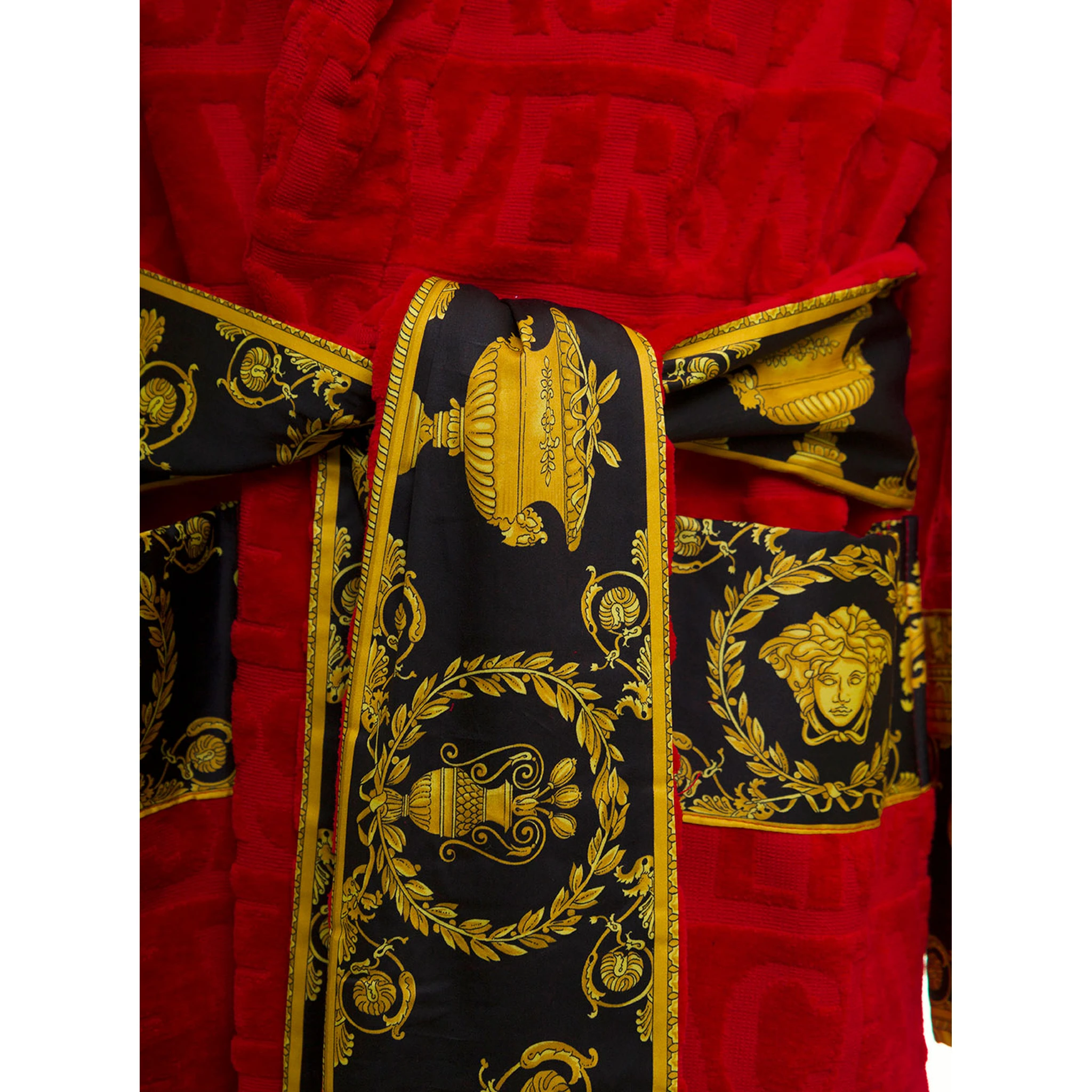 Versace Homes Red Terry Cotton Bathrobe with Baroque Detail