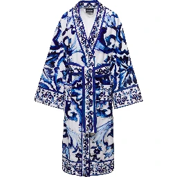 Multicolor Kimono Bathrobe with All-Over Blu Mediterraneo Print in Cotton Dolce & Gabbana