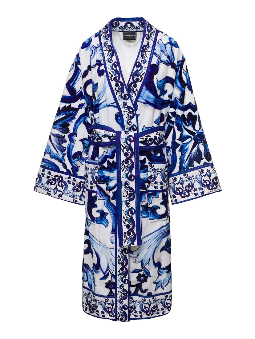 Multicolor Kimono Bathrobe with All-Over Blu Mediterraneo Print in Cotton Dolce & Gabbana
