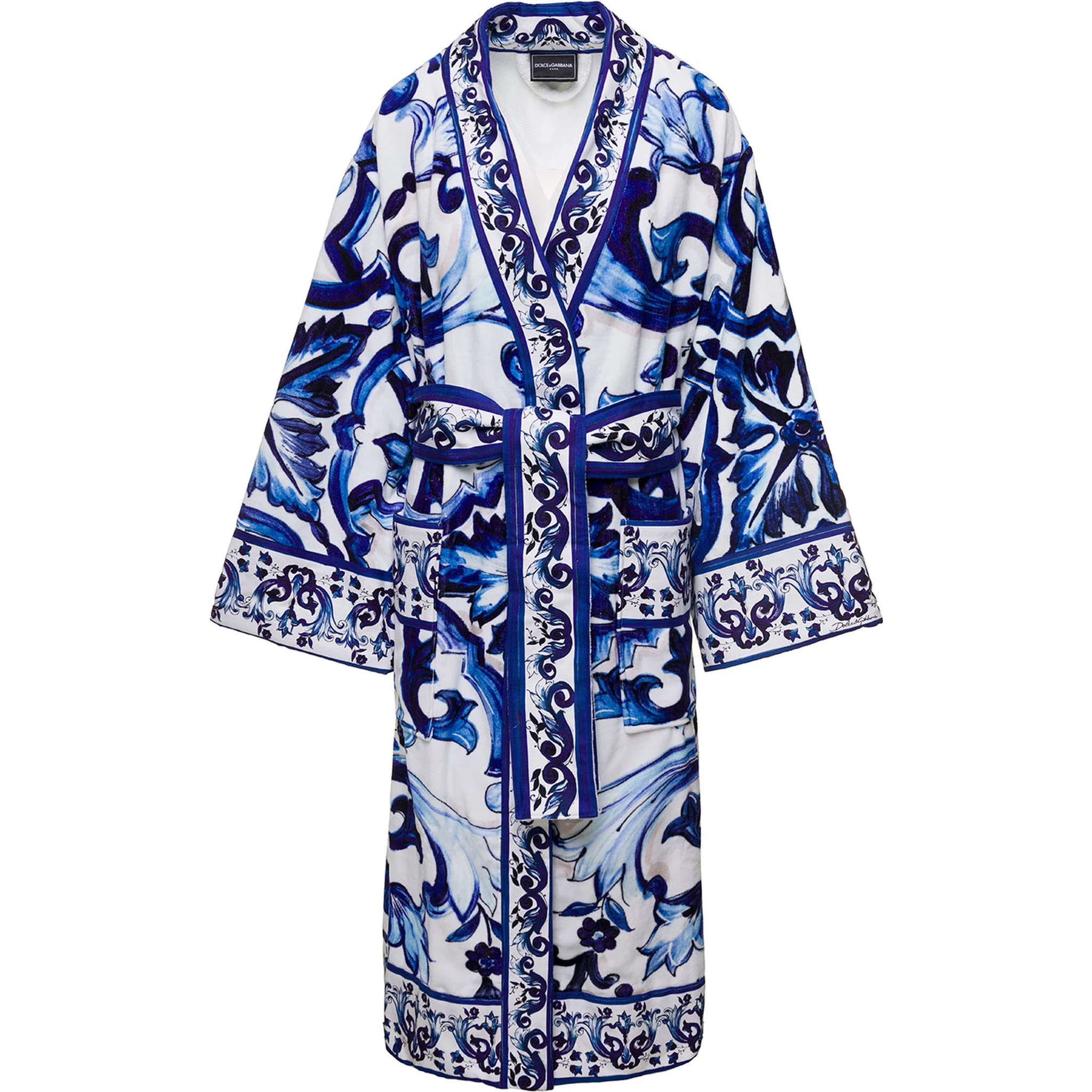 Multicolor Kimono Bathrobe with All-Over Blu Mediterraneo Print in Cotton Dolce & Gabbana