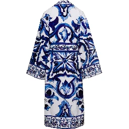 Multicolor Kimono Bathrobe with All-Over Blu Mediterraneo Print in Cotton Dolce & Gabbana