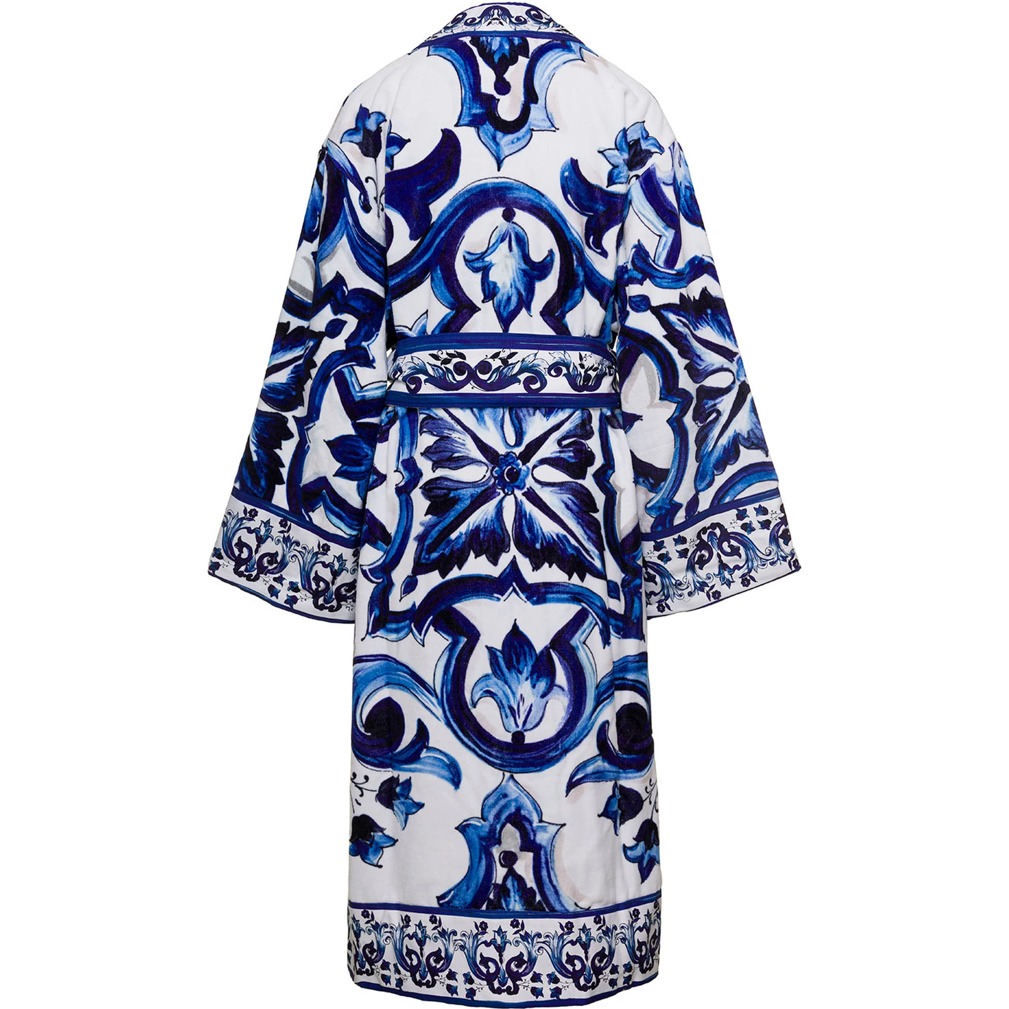 Multicolor Kimono Bathrobe with All-Over Blu Mediterraneo Print in Cotton Dolce & Gabbana
