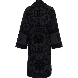 Black Bath Robe with Matching Belt in Terry Cotton Jacquard