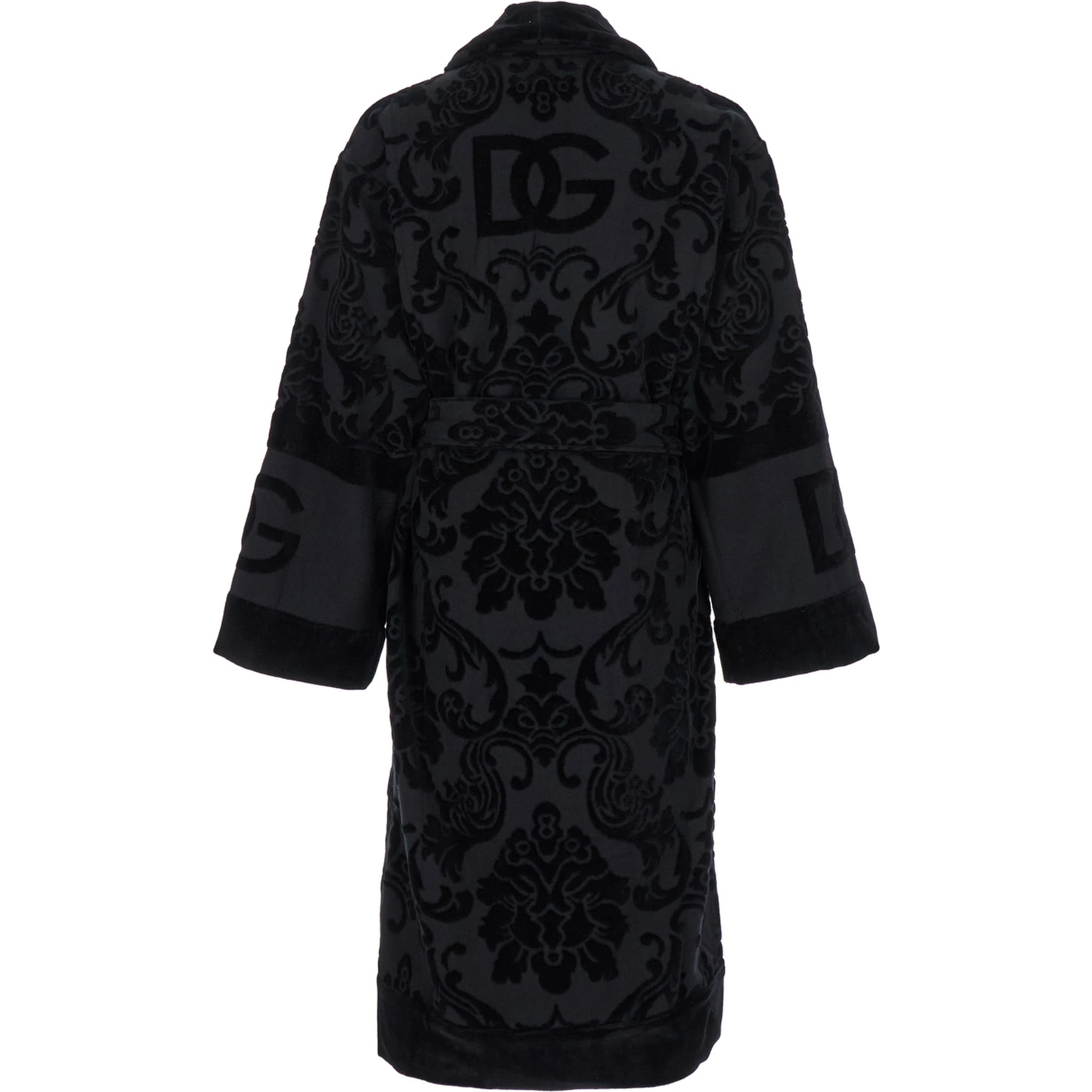 Black Bath Robe with Matching Belt in Terry Cotton Jacquard
