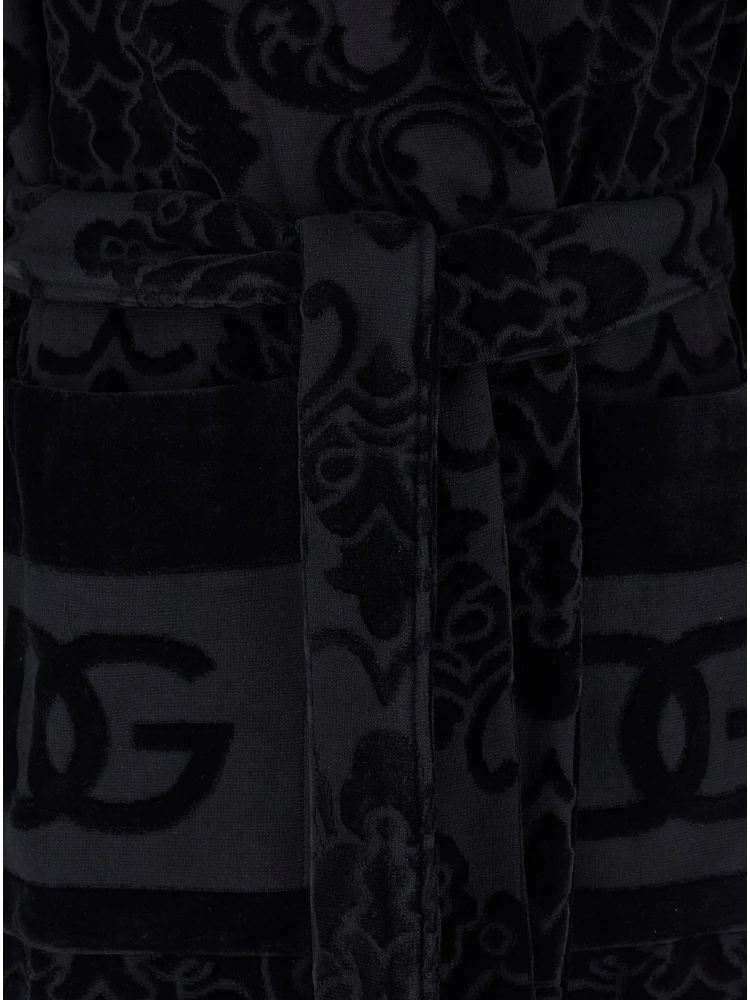 Black Bath Robe with Matching Belt in Terry Cotton Jacquard alternative