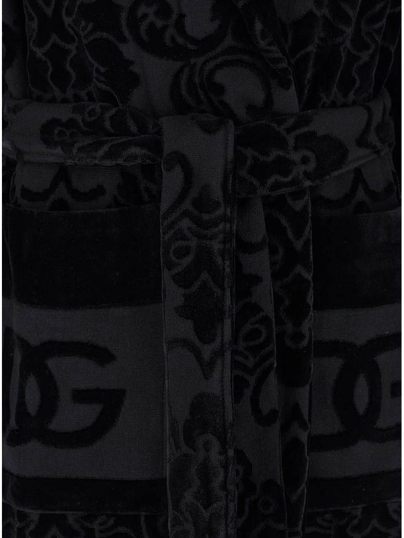 Black Bath Robe with Matching Belt in Terry Cotton Jacquard