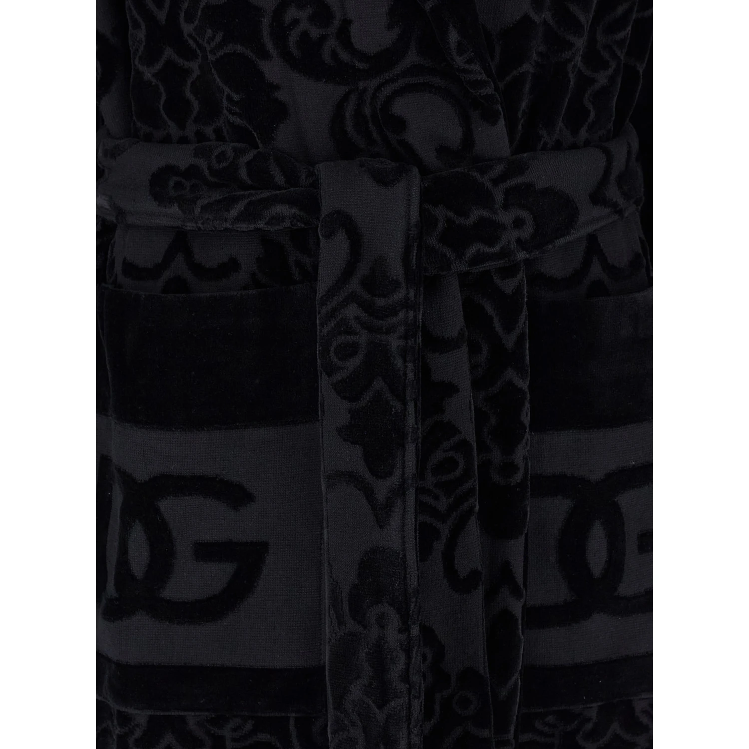 Black Bath Robe with Matching Belt in Terry Cotton Jacquard