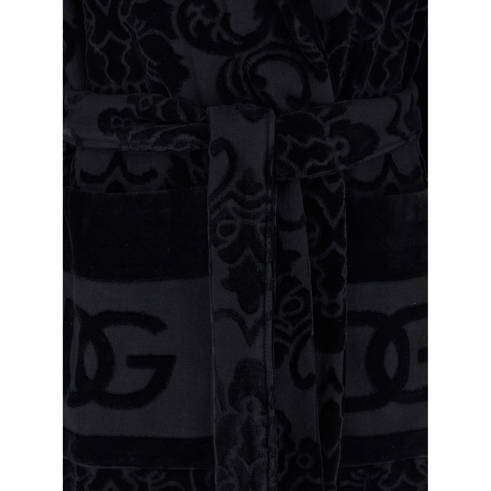 Black Bath Robe with Matching Belt in Terry Cotton Jacquard