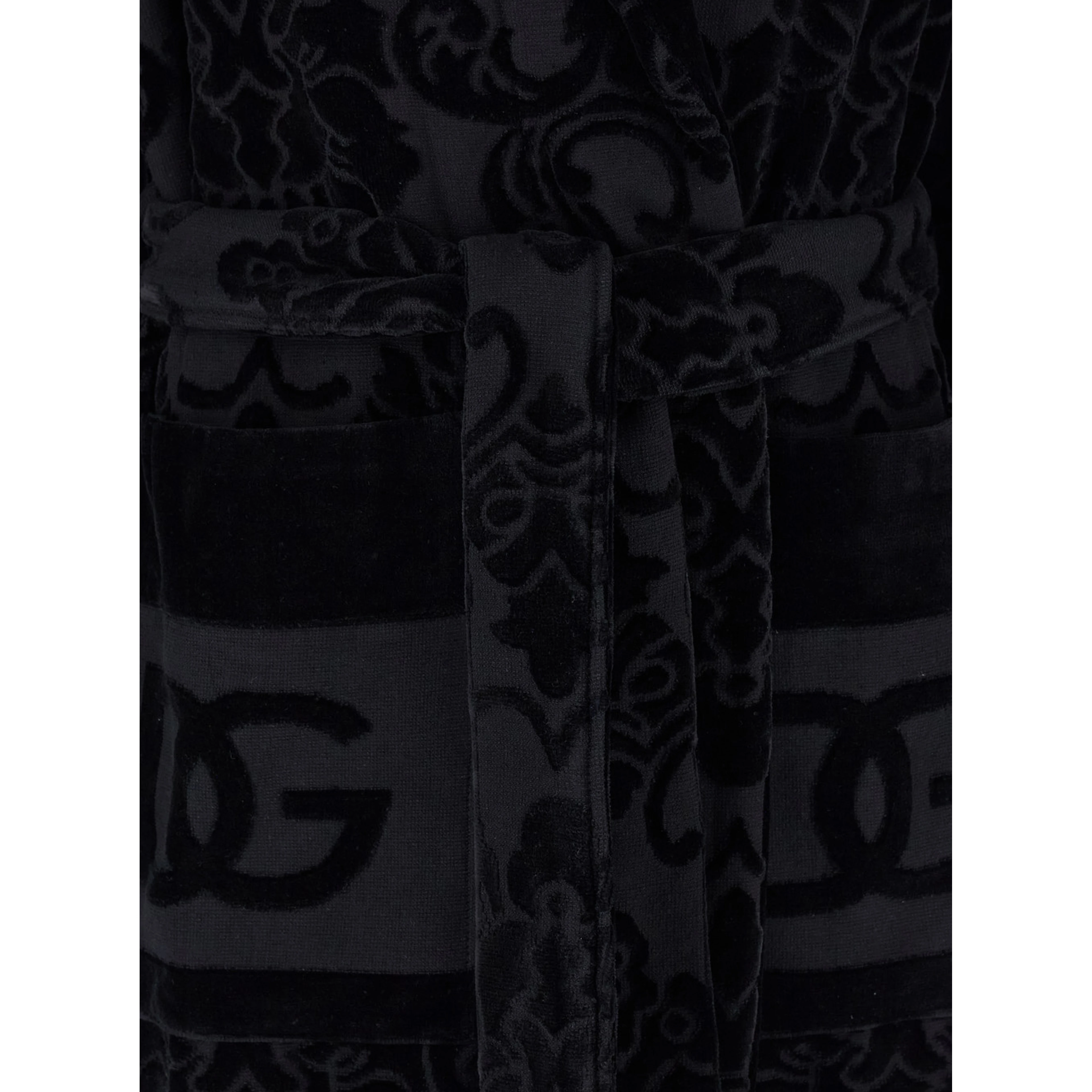 Black Bath Robe with Matching Belt in Terry Cotton Jacquard