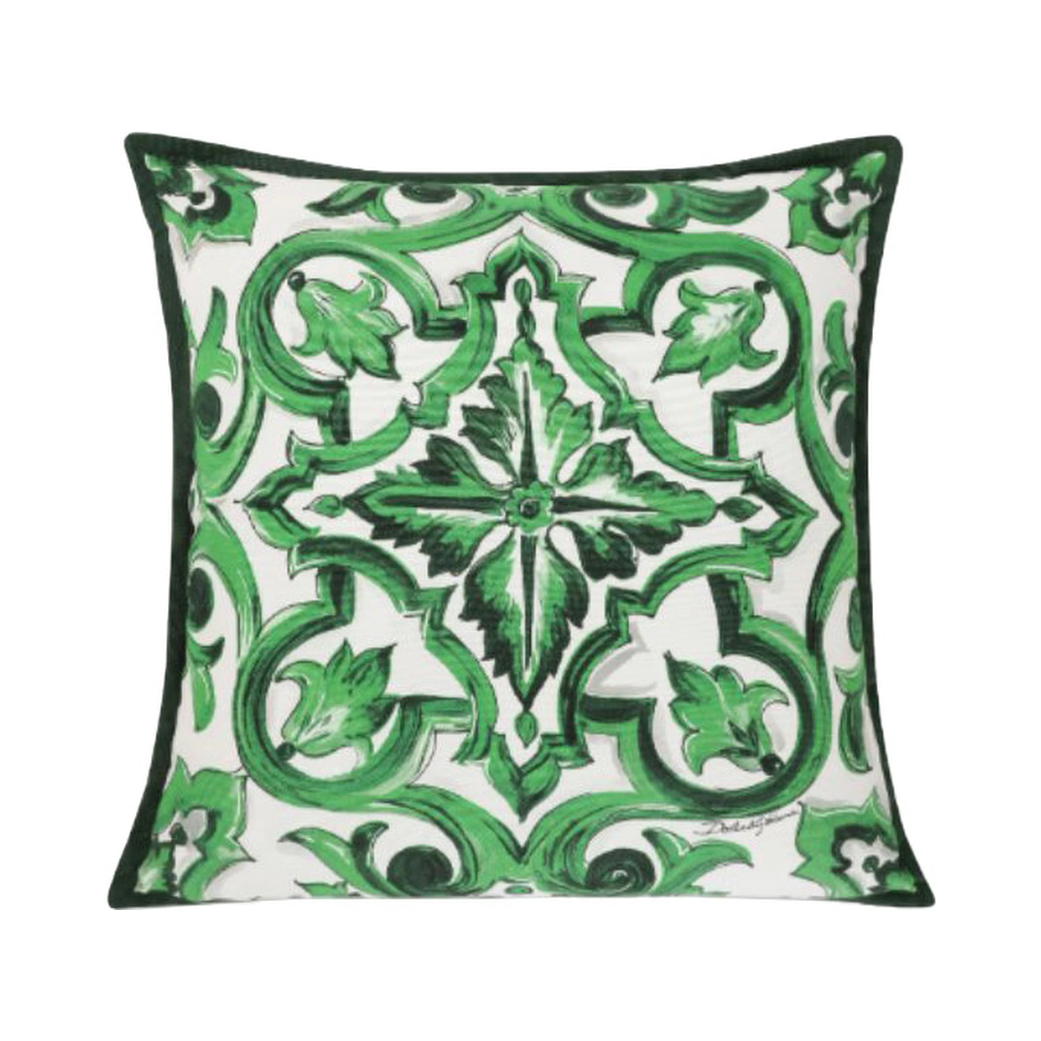 Green and White Small Cushion with All-Over Print in Cotton Home