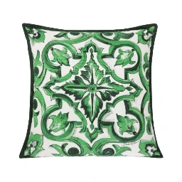 Green and White Small Cushion with All-Over Print in Cotton Home