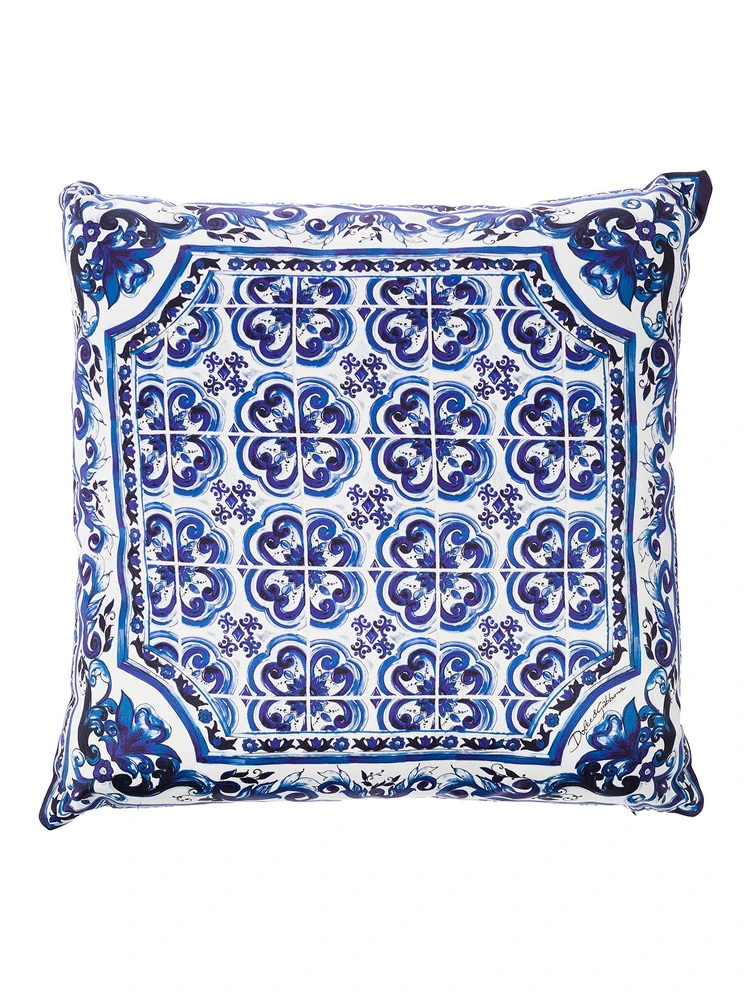 Blue and White Small Cushion with Blue Mediterranean Print in Duchesse Cotton Dolce & Gabbana