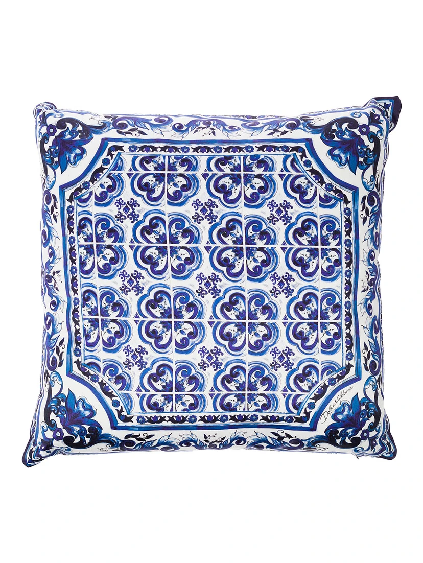 Blue and White Small Cushion with Blue Mediterranean Print in Duchesse Cotton Dolce & Gabbana