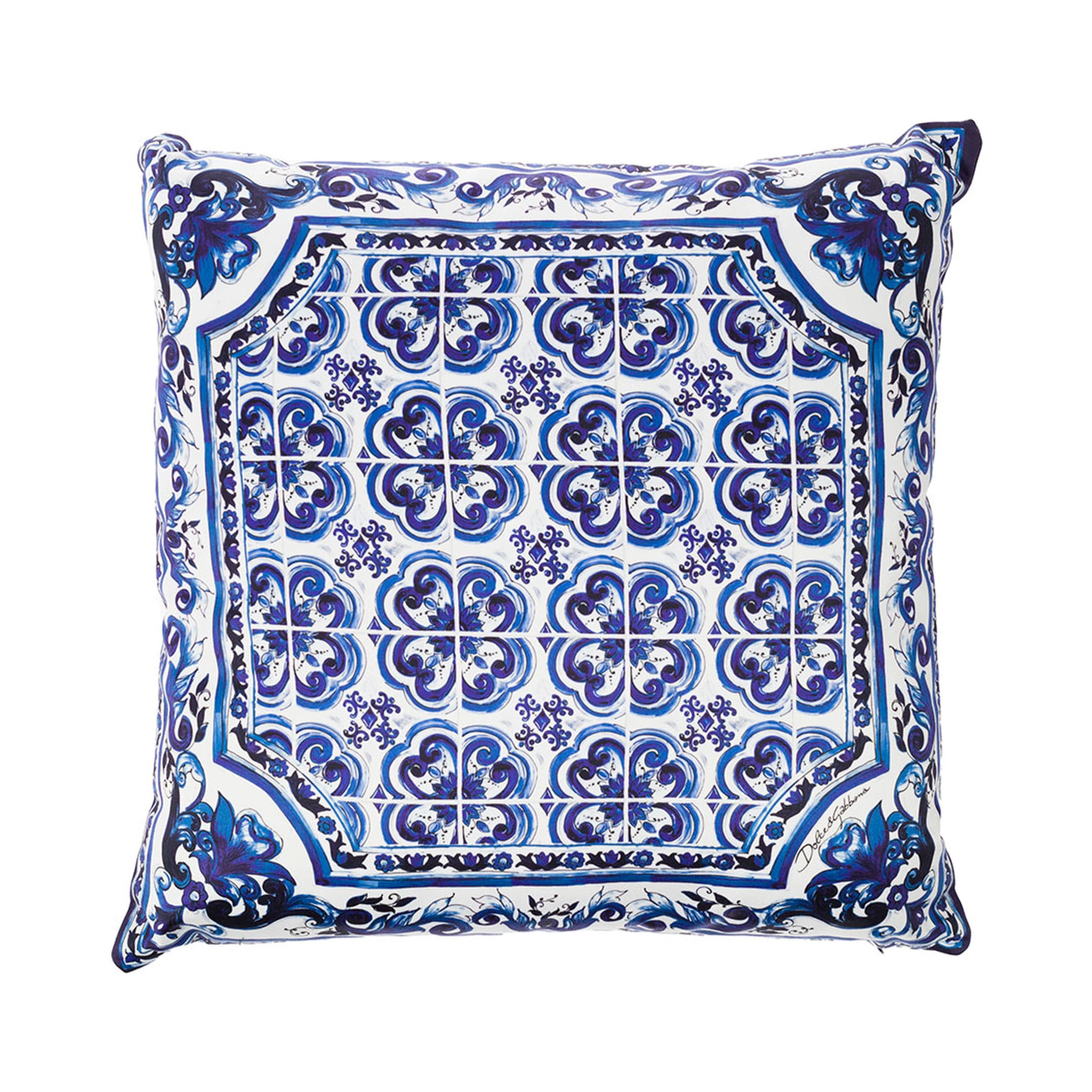 Blue and White Small Cushion with Blue Mediterranean Print in Duchesse Cotton Dolce & Gabbana
