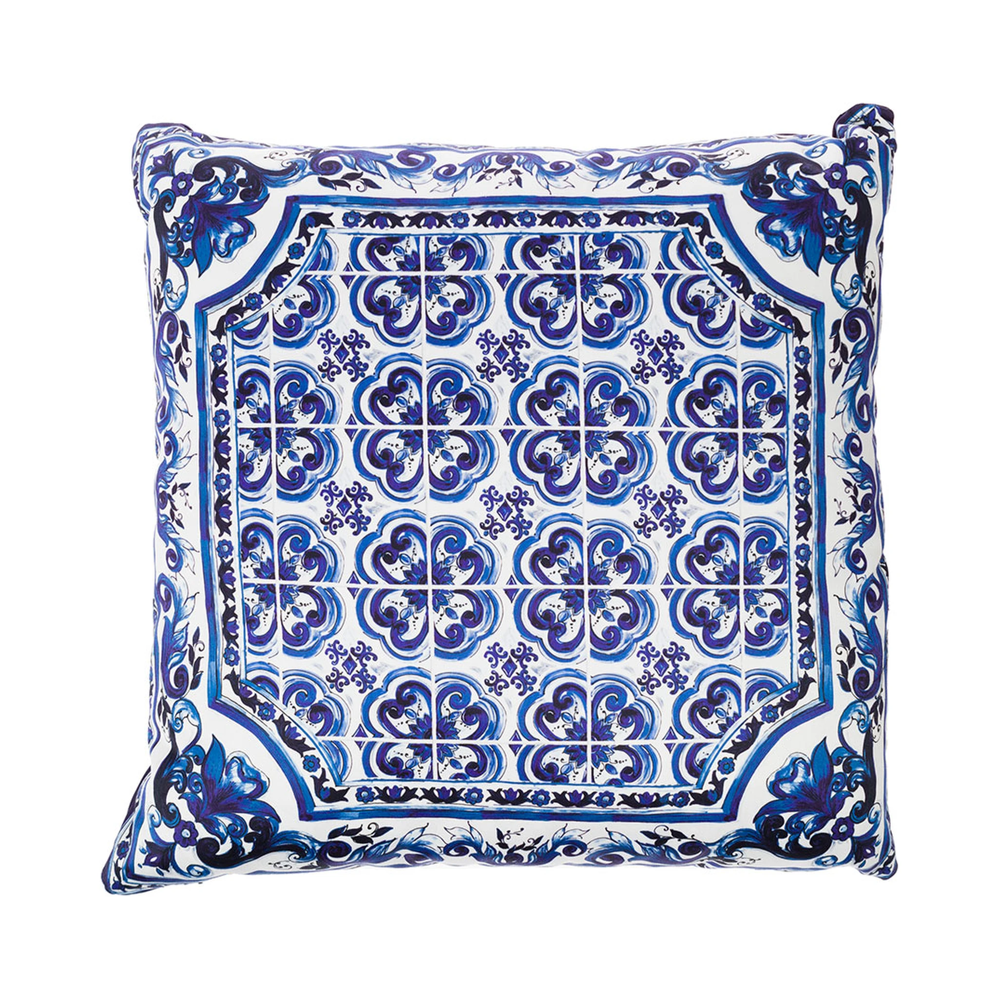 Blue and White Small Cushion with Blue Mediterranean Print in Duchesse Cotton Dolce & Gabbana