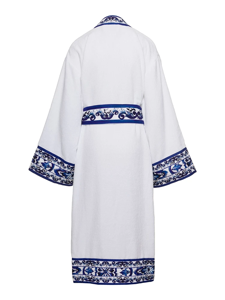 White Kimono Bathrobe with Blu Mediterraneo Trim in Cotton Dolce & Gabbana