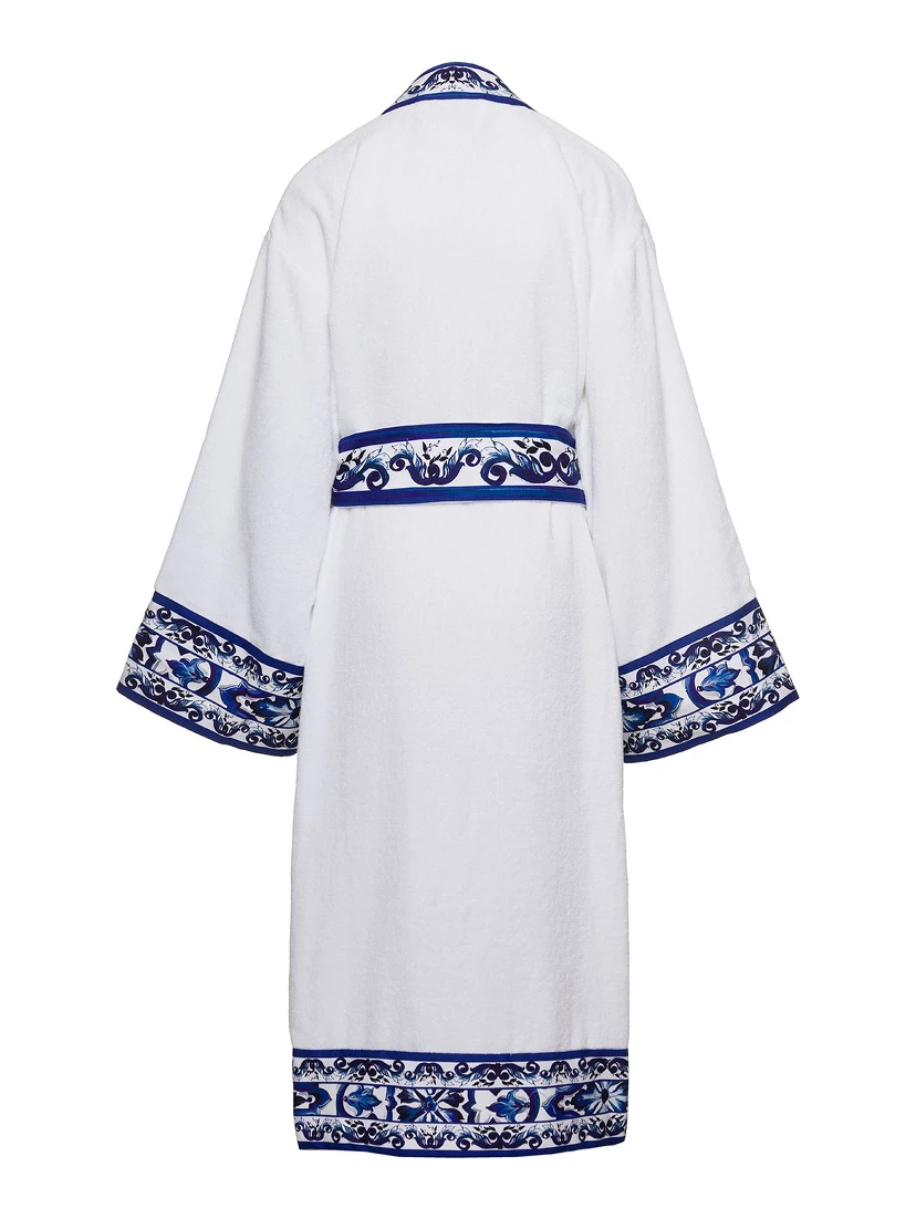 White Kimono Bathrobe with Blu Mediterraneo Trim in Cotton Dolce & Gabbana