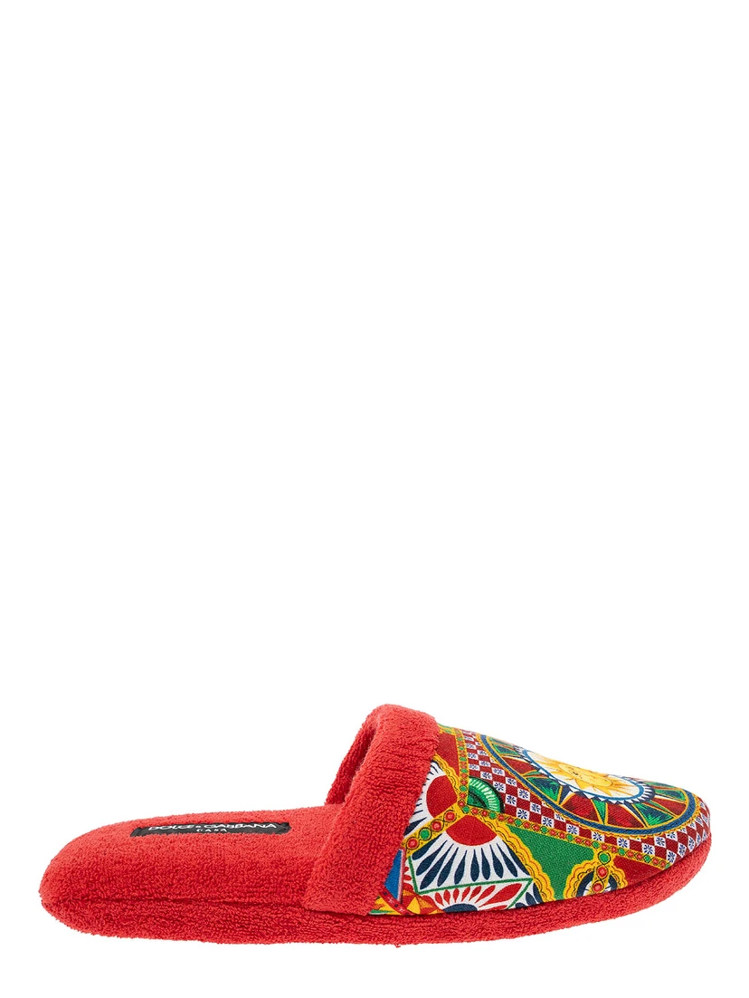 Red Slippers with Carretto Siciliano Print in Cotton Home