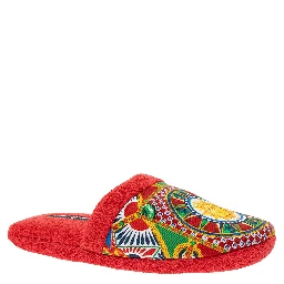 Red Slippers with Carretto Siciliano Print in Cotton Home