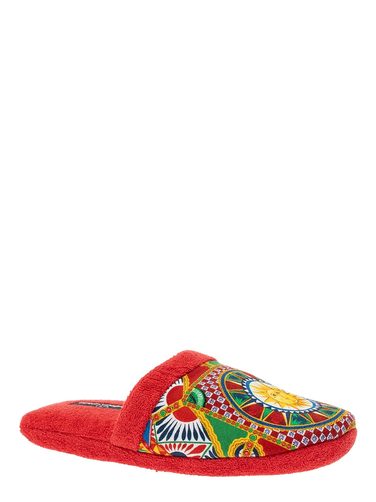 Red Slippers with Carretto Siciliano Print in Cotton Home alternative