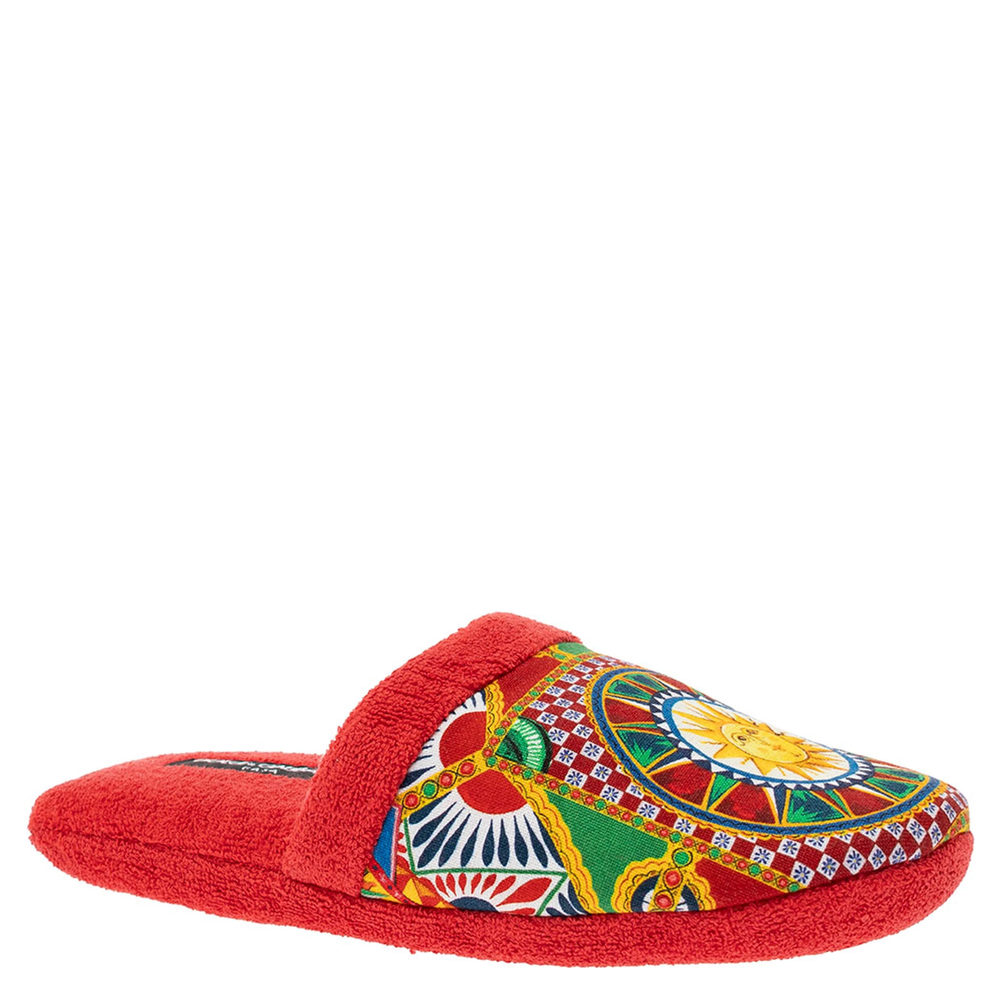 Red Slippers with Carretto Siciliano Print in Cotton Home