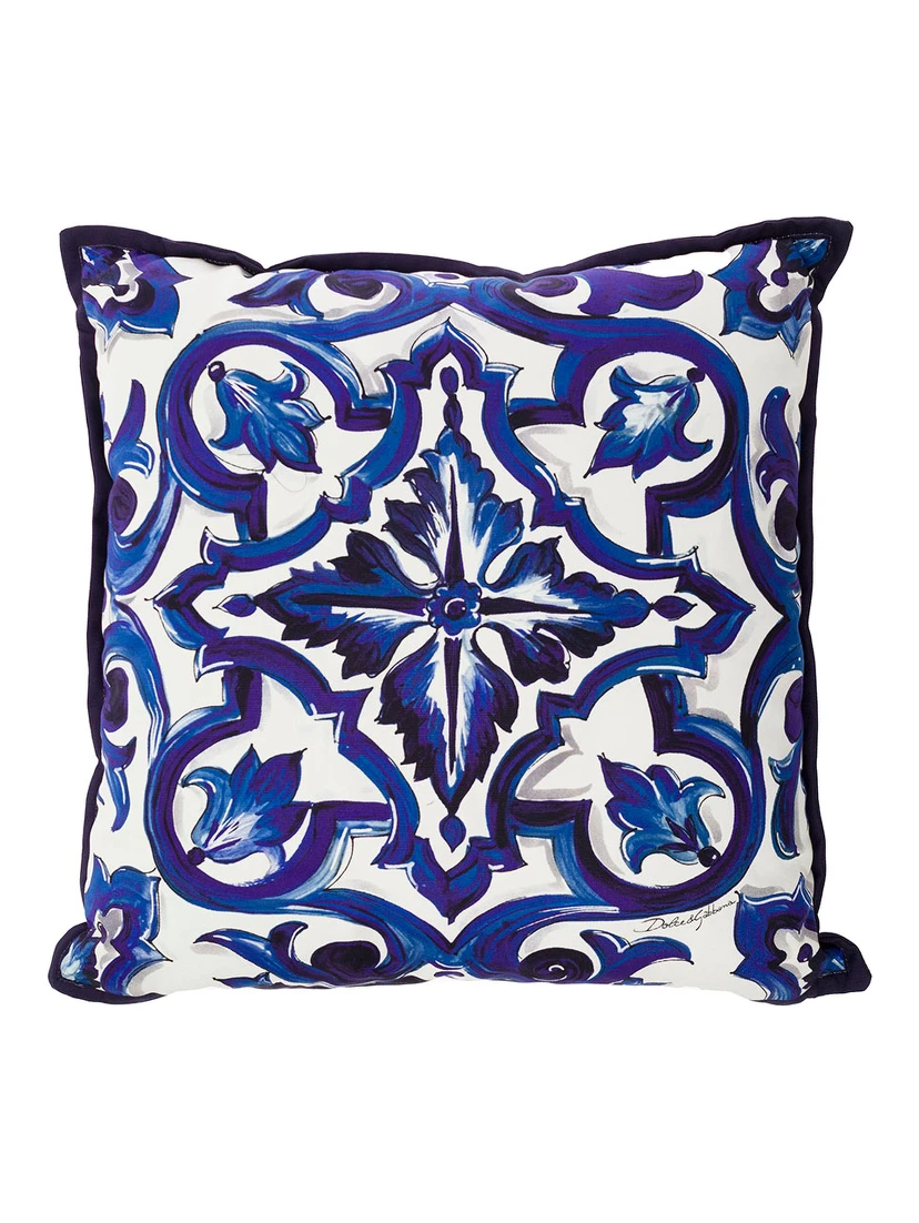 Blue and White Small Cushion with Blue Mediterranean Print in Cotton Dolce & Gabbana