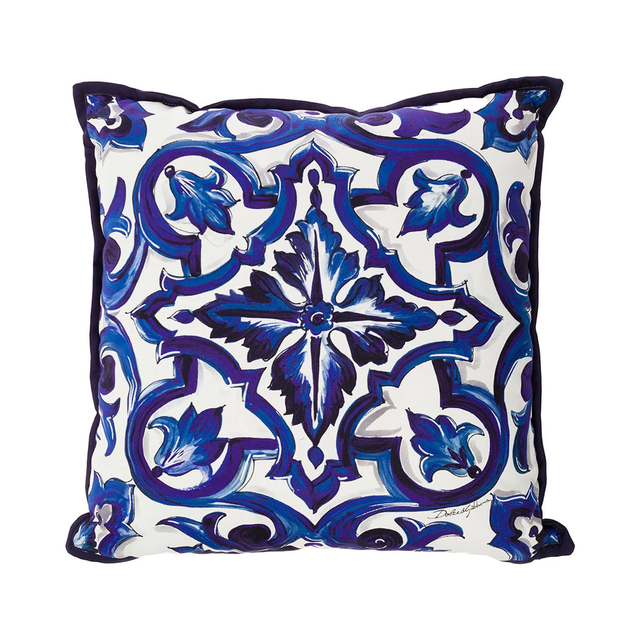Blue and White Small Cushion with Blue Mediterranean Print in Cotton Dolce & Gabbana