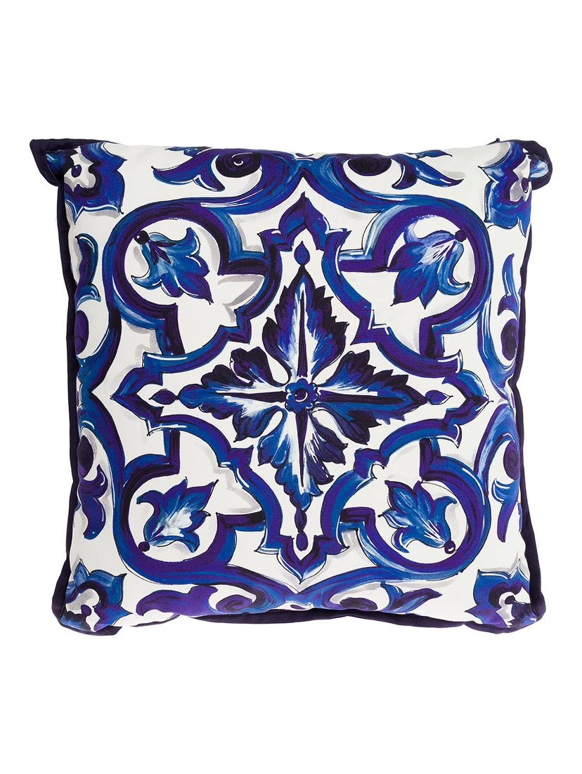 Blue and White Small Cushion with Blue Mediterranean Print in Cotton Dolce & Gabbana