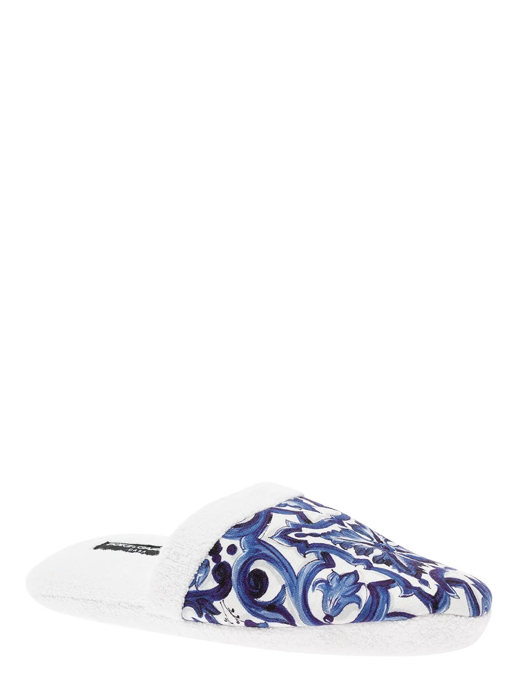 White Slippers with Carretto Siciliano Print in Cotton Home alternative