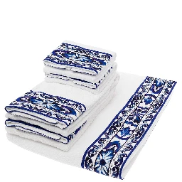 Set of 5 White and Blue Towels with Mediterraneo Print in Cotton Dolce & Gabbana