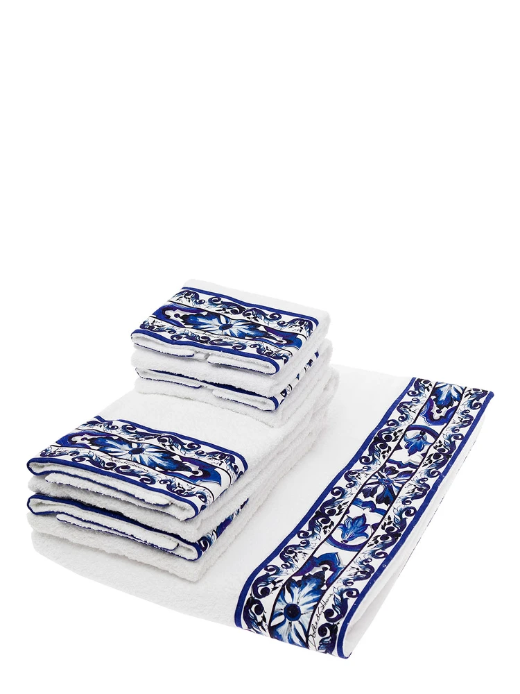 Set of 5 White and Blue Towels with Mediterraneo Print in Cotton Dolce & Gabbana