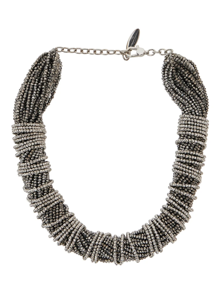 Silver Colored Choker Necklace with Beaded Embellishments and Twisted Design in Glass and Sterling Silver Woman