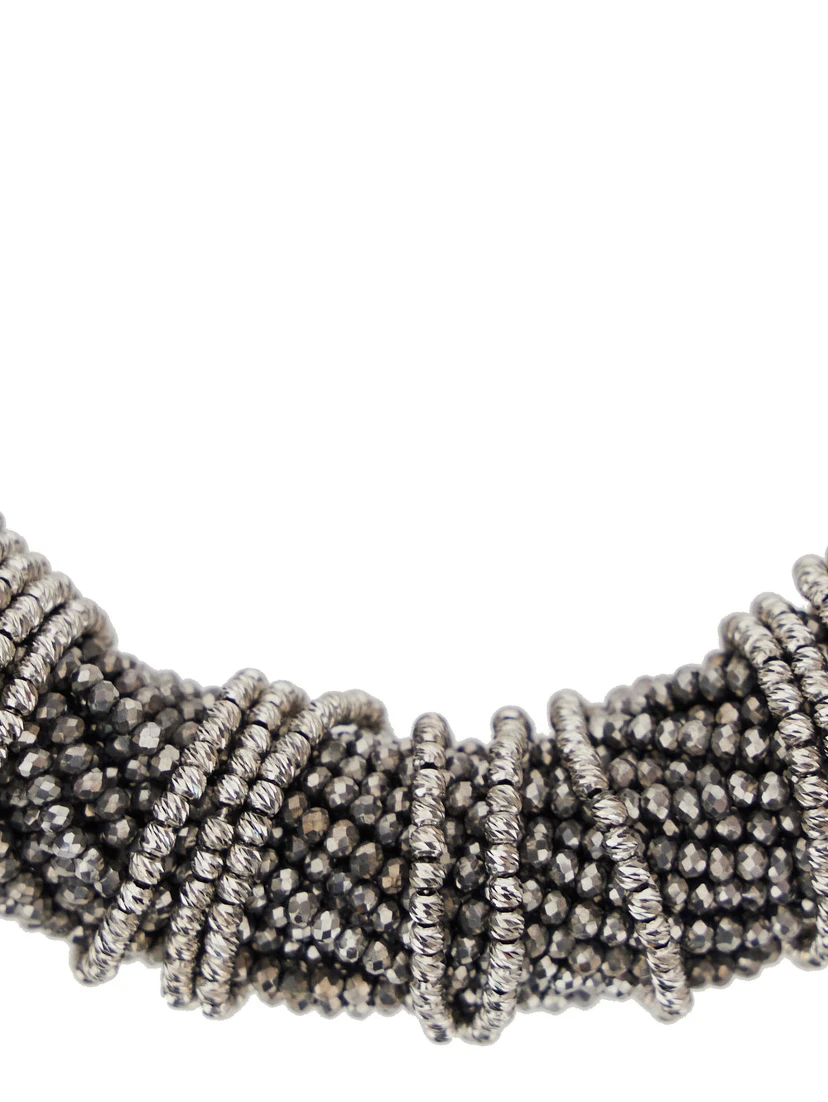 Silver Colored Choker Necklace with Beaded Embellishments and Twisted Design in Glass and Sterling Silver Woman