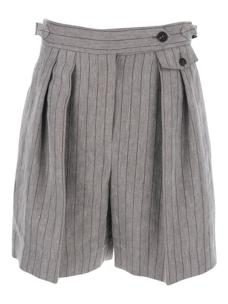 Grey Bermuda Panrs with Off-Centered Button Closure and All-Over Striped Motif in Linen Blend Woman