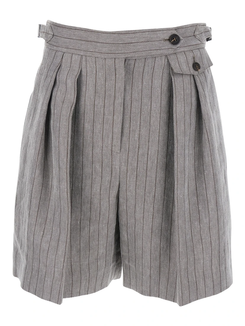 Grey Bermuda Panrs with Off-Centered Button Closure and All-Over Striped Motif in Linen Blend Woman