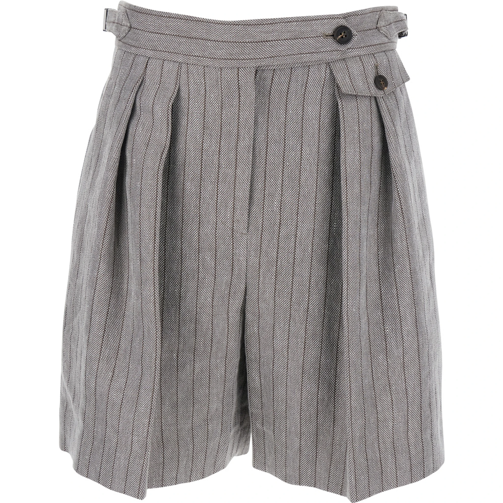 Grey Bermuda Panrs with Off-Centered Button Closure and All-Over Striped Motif in Linen Blend Woman