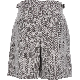 Grey Bermuda Panrs with Off-Centered Button Closure and All-Over Striped Motif in Linen Blend Woman