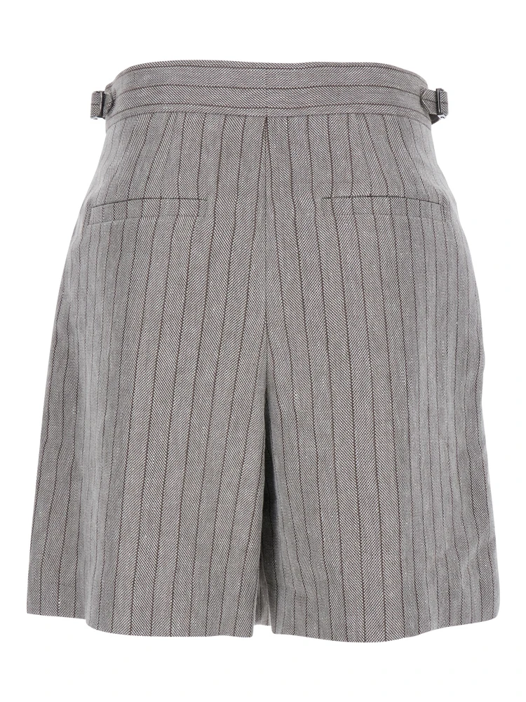 Grey Bermuda Panrs with Off-Centered Button Closure and All-Over Striped Motif in Linen Blend Woman alternative