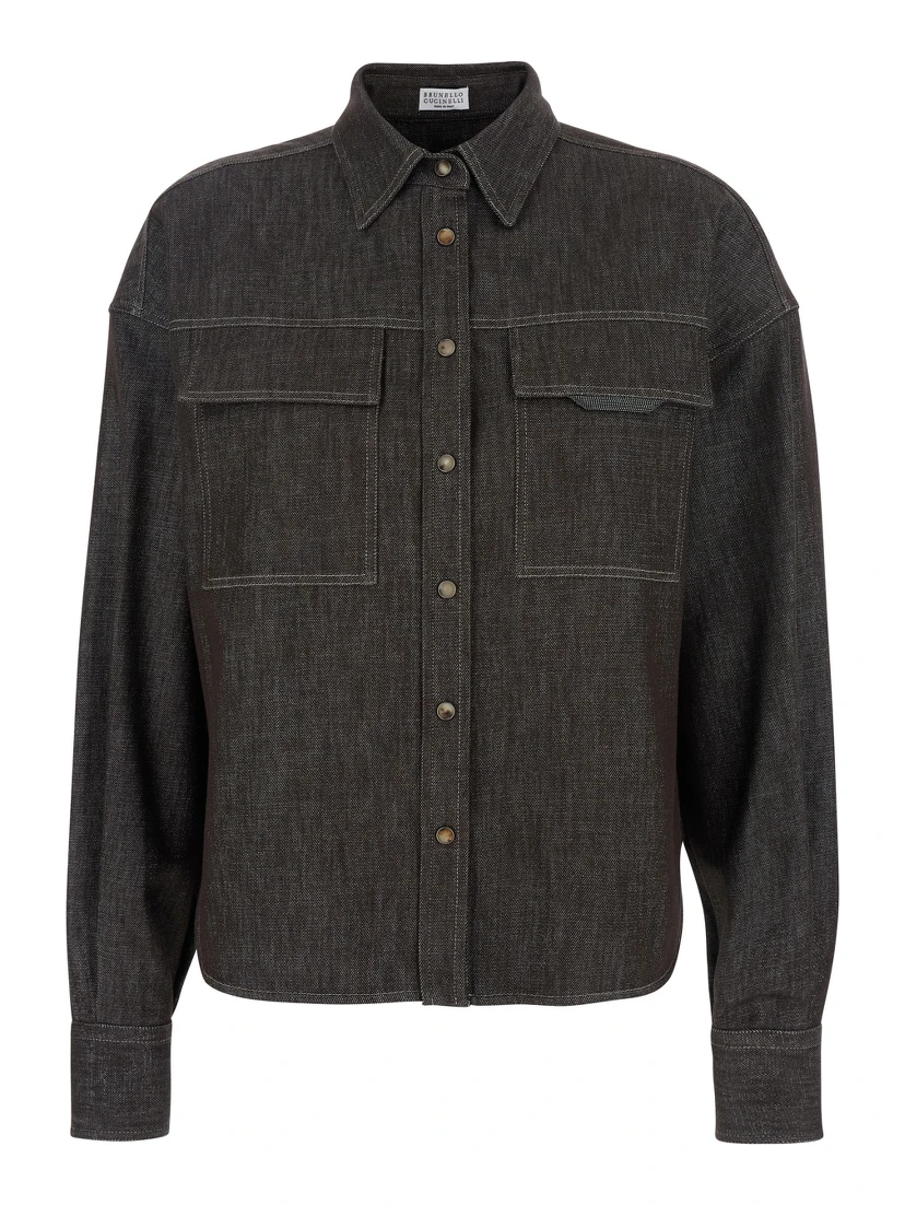 Brown Shirt with Classic Collar and Monil Detail on the Pocket in Cotton Blend Woman